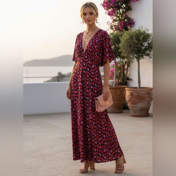 Zara Red Plunge Neck Flutter Sleeve Maxi Dress - Picture 2 of 6